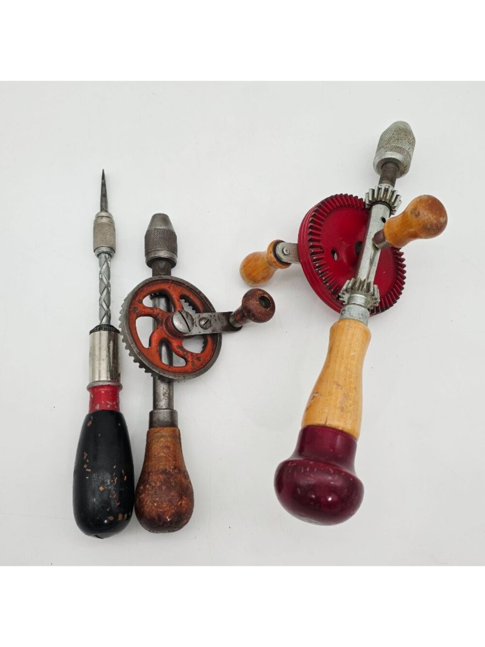 Antique Vintage Eggbeater Hand Drills Set Of 3 With Wood Handles & Metal Gears